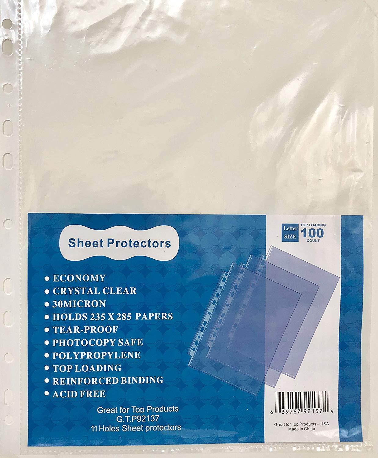 12 Packs of 100 (1200) in 3 boxes GTP Clear Top Loading, Economy 11 Hole Sheet Protectors 8.5"X11",fit in 3 Ring 5 Ring up to 11 Ring Binder, Bulk, Acid Free, Extremely Thin 30 Micron