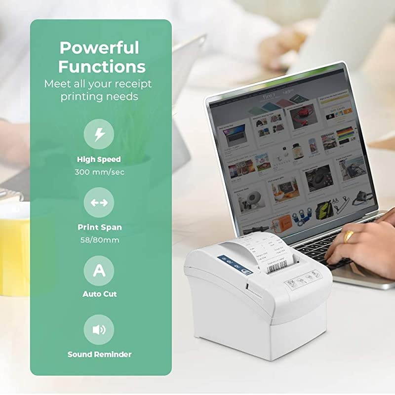 Thermal Receipt Printer of 300mms HighSpeed Printing Auto Cutter Sound Reminder 3 18 80mm Desktop POS Ticket Printer with USBSerialLANCash Drawer Port Support Windows