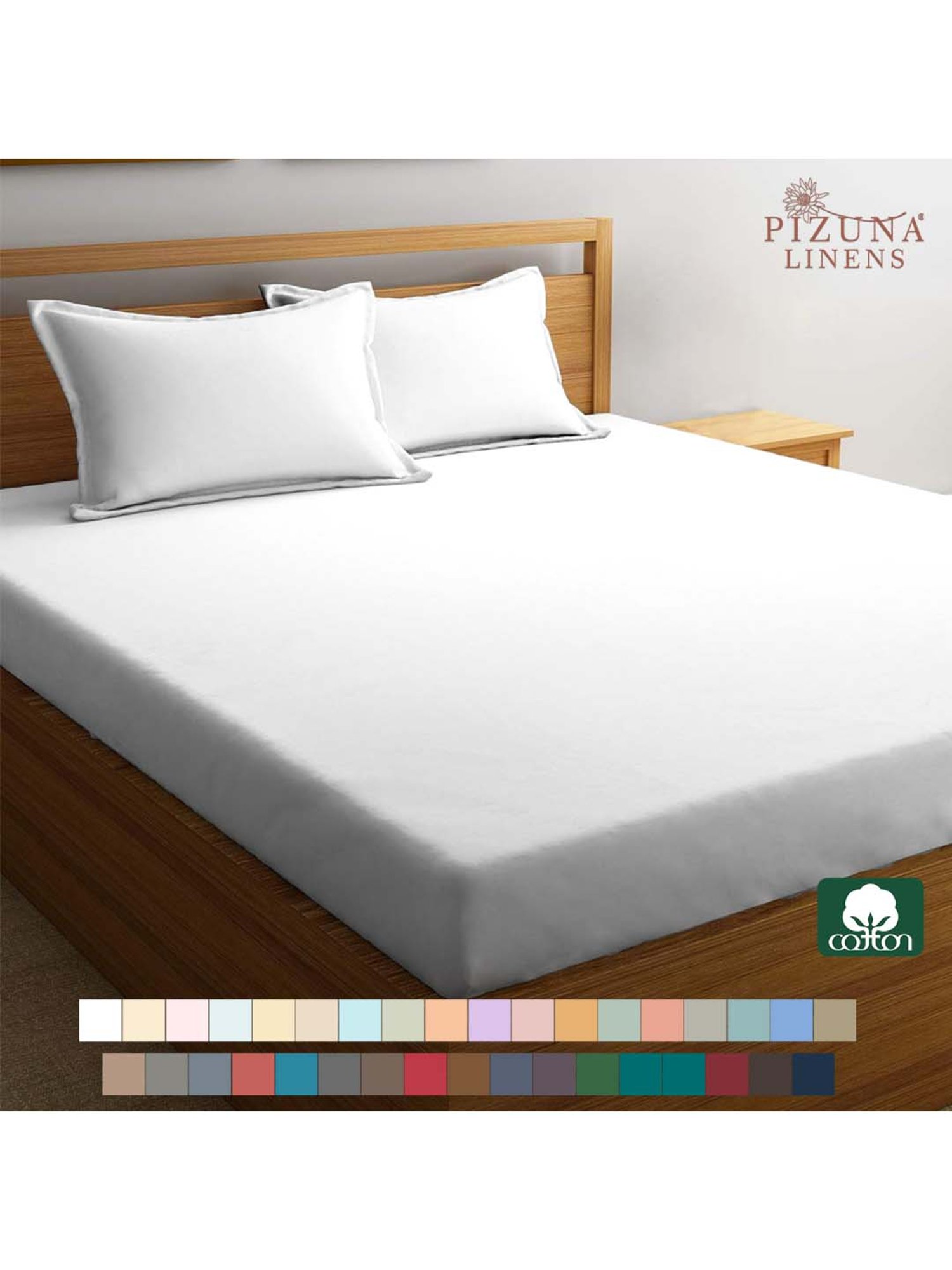 Pizuna 400TC 100% Cotton White Fitted Bed Sheet Queen Size With 2 Pillow Cover