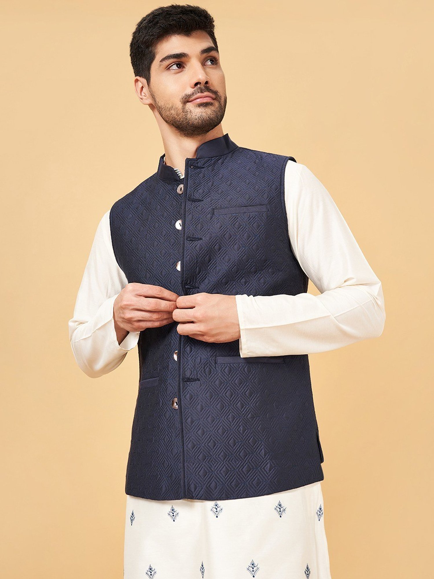 Indus Route By Pantaloons Navy Regular Fit Self Pattern Nehru Jacket