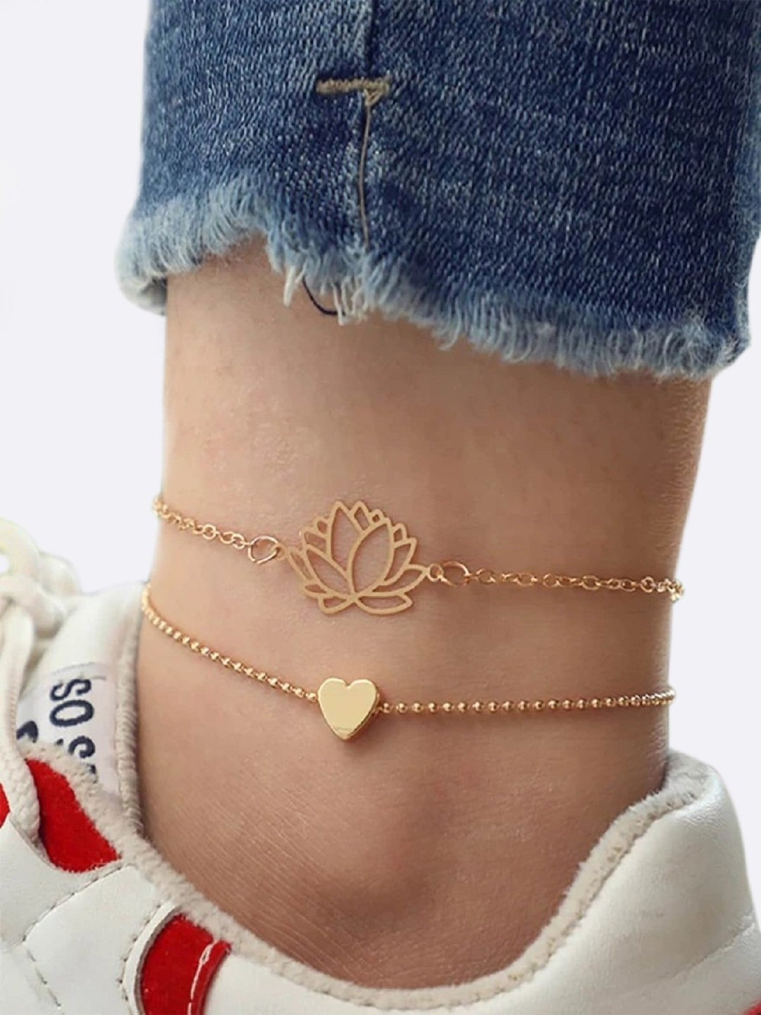 OOMPH Gold & Silver-Tone Lotus & Heart Stylish Latest Anklet for Women - Set of 4