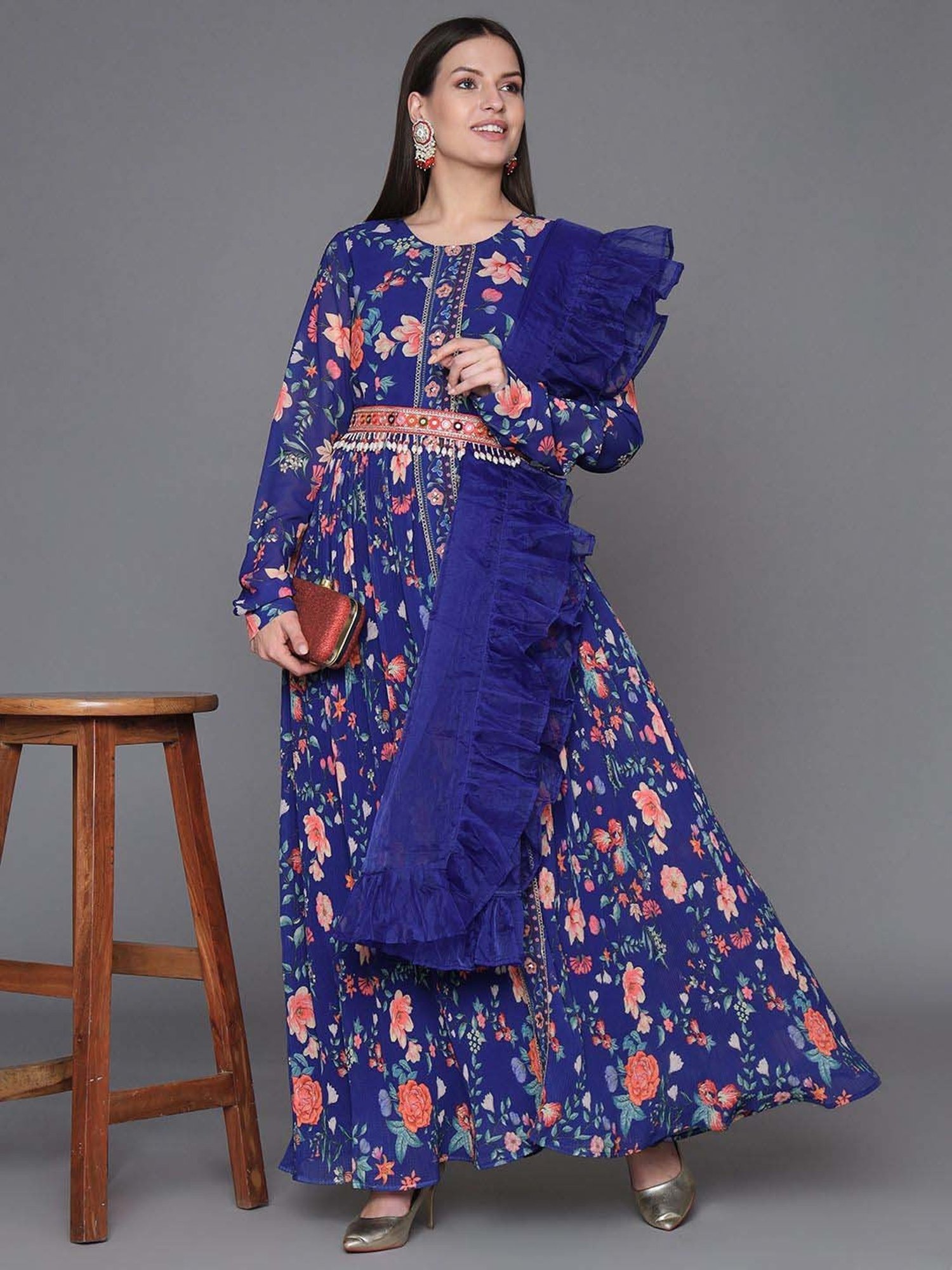 Heeposh Blue Printed Dress With Dupatta & Belt