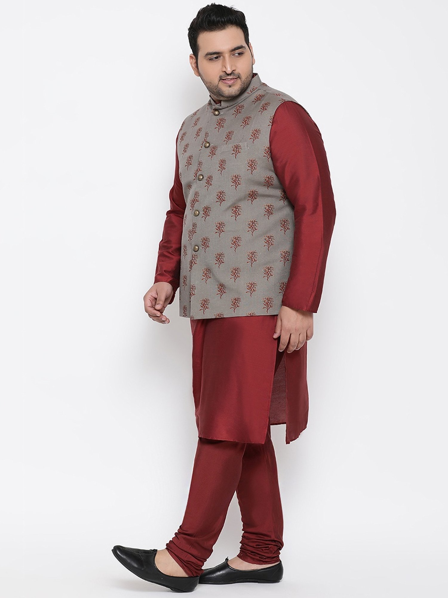 KISAH PLUS Grey & Maroon Regular Fit Printed Kurta Set With Jacket