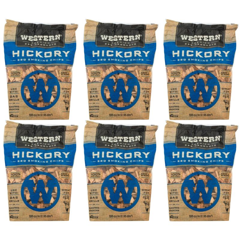 Western Premium BBQ 180 Cubic Inch Hickory Barbecue Flavorful Heat Treated Grilling Smoking Wood Chips for Charcoal Gas and Electric Grills (6 Pack)