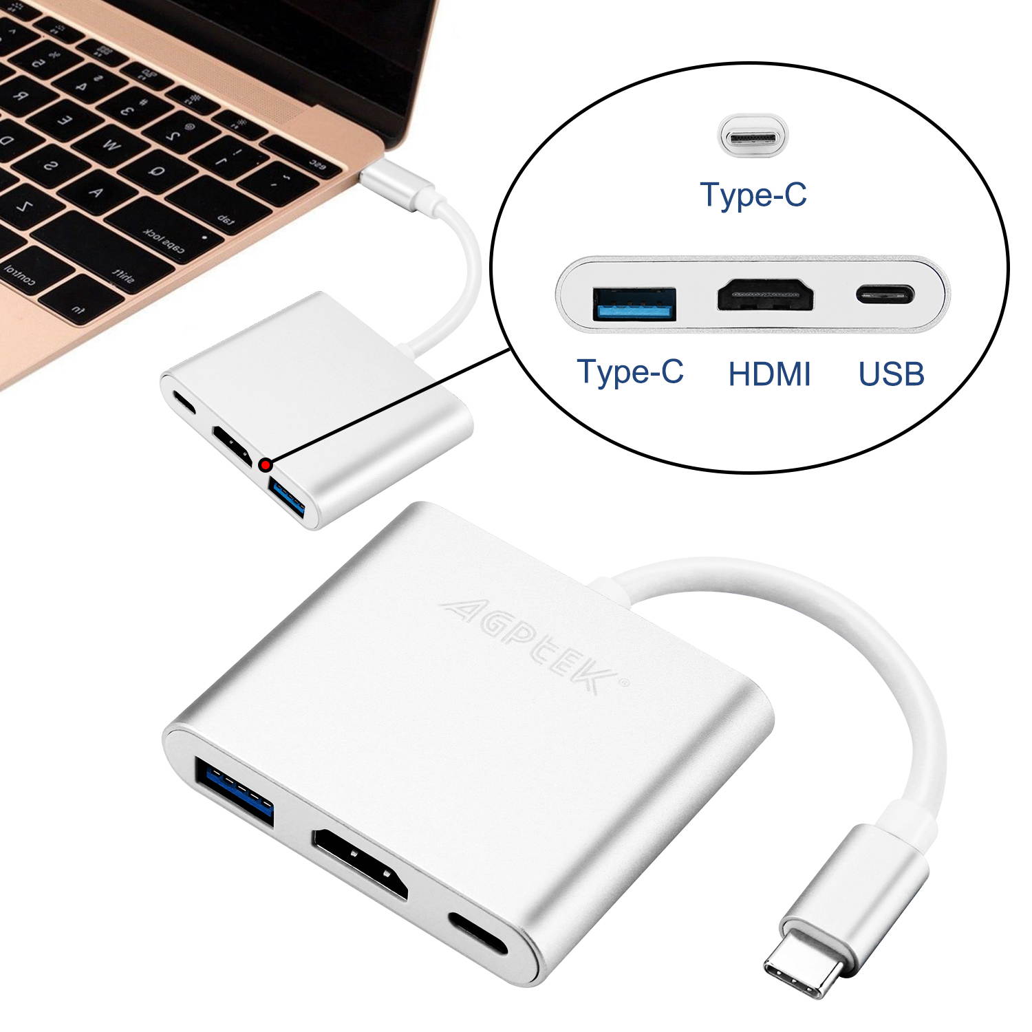 Type C USB 3.1 to USB-C 4K HDMI USB 3.0 Adapter 3 in 1 Hub For Macbook Pro