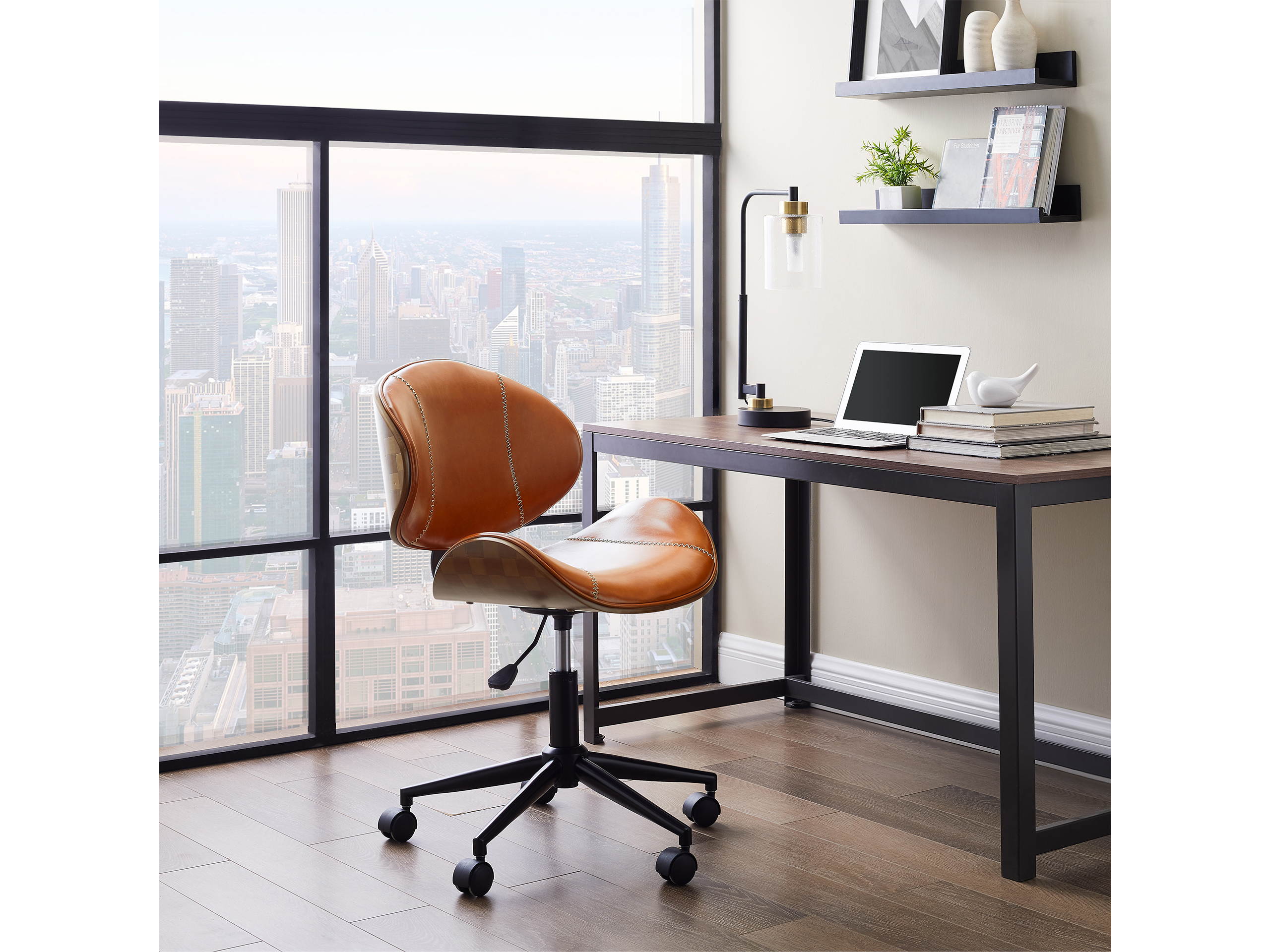 Art-Leon Faux Leather Upholstery Swivel Accent Home Office Desk Chair with 5 Casters and Unique Chess-Board Back Deco