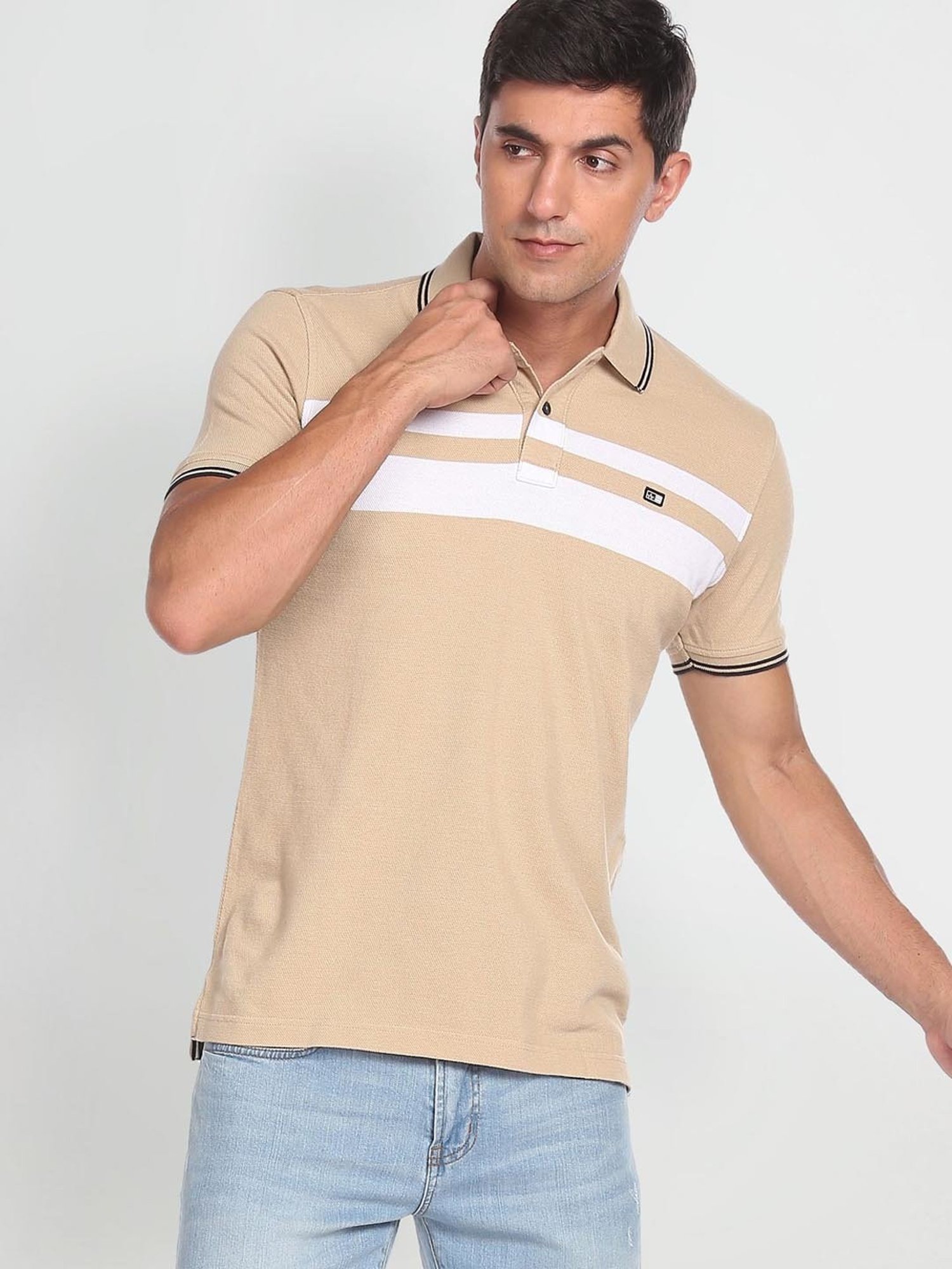 Arrow Sport Beige Cotton Regular Fit Striped Polo T-Shirt