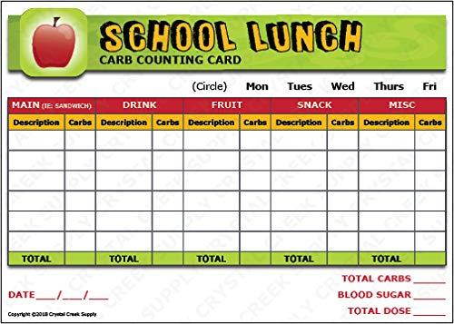 Diabetic School Lunch Carb Counting Card