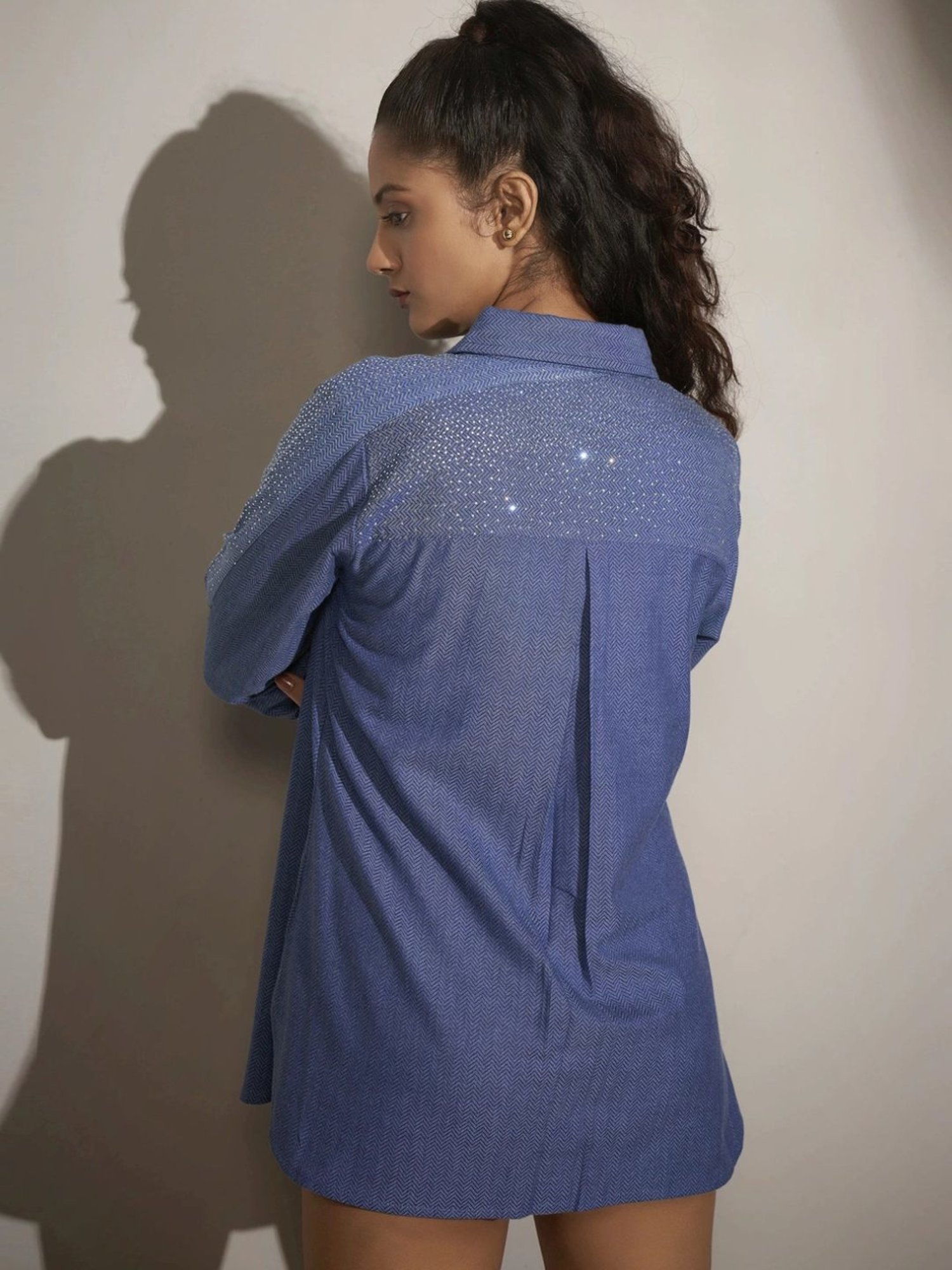 Kaftanize Blue Self Twill Texture Rhinestone Work Kameez Shirt