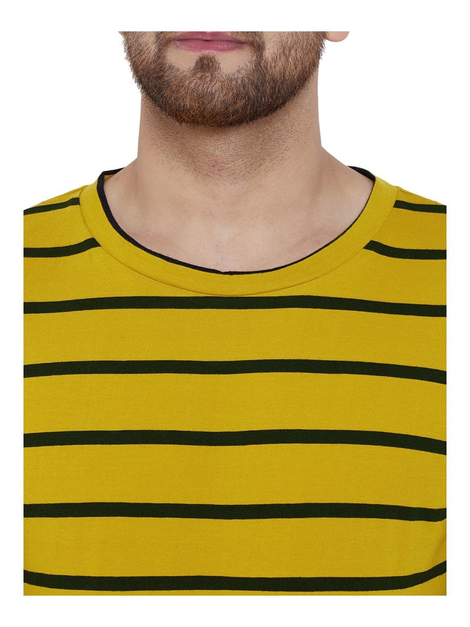 Hypernation Mustard & Black Cotton Regular Fit Striped T-Shirt