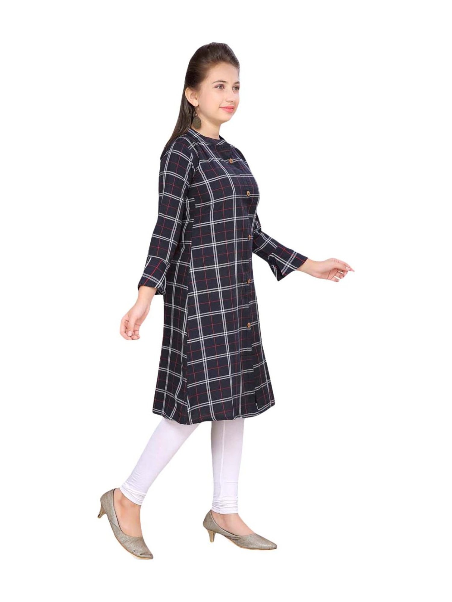 Aarika Kids Black Cotton Plaid Pattern Kurti