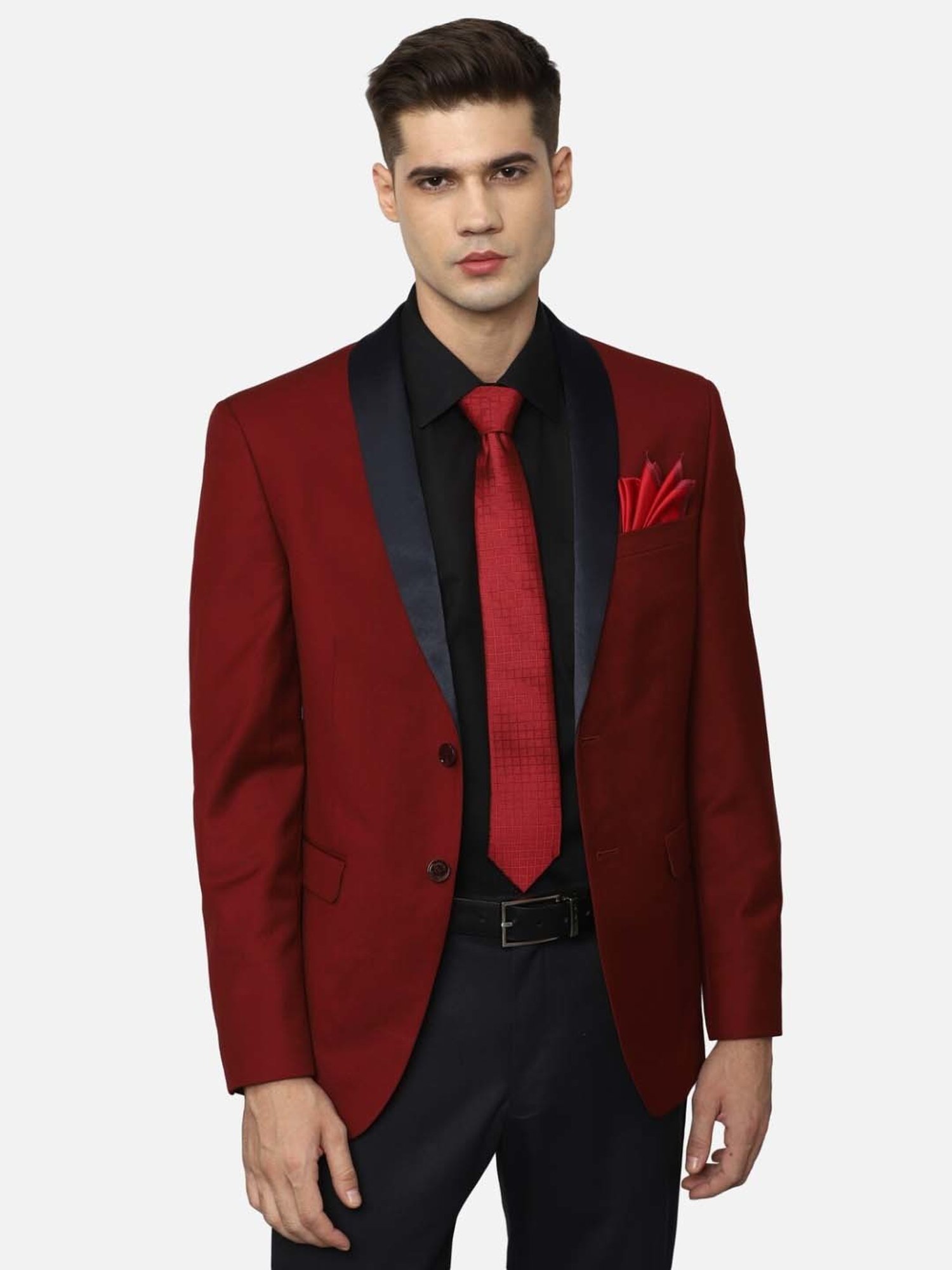 Louis Philippe Maroon Checks Tie with Pocket Square