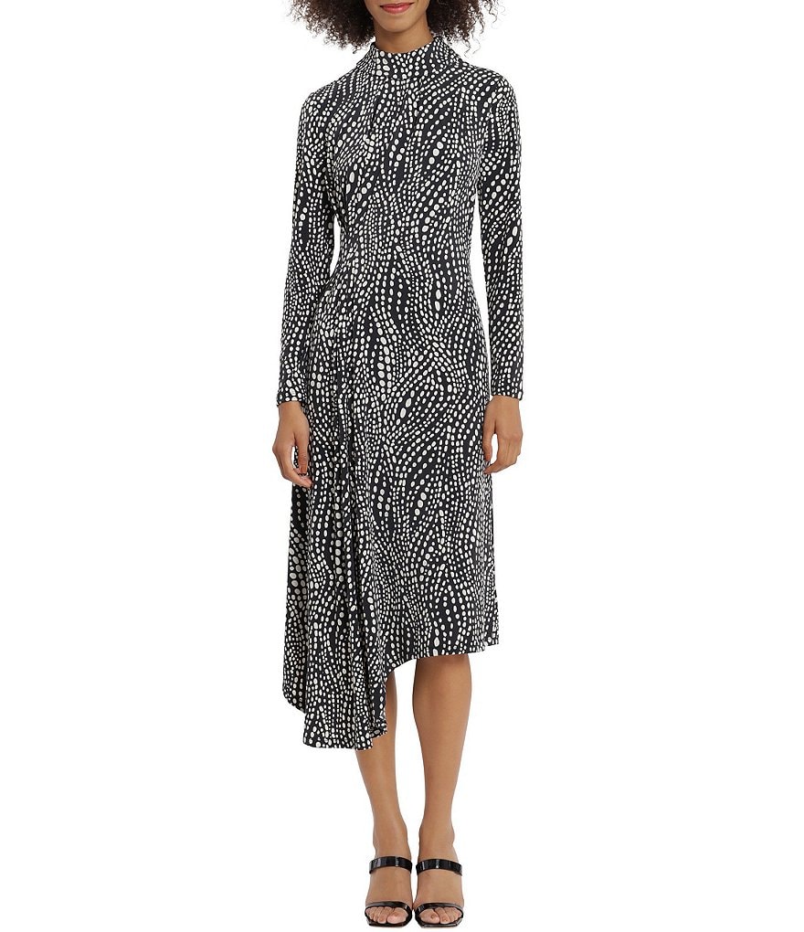 Maggy London Roll Collar Mock Neck Stretch Jersey Long Sleeve Midi Dress