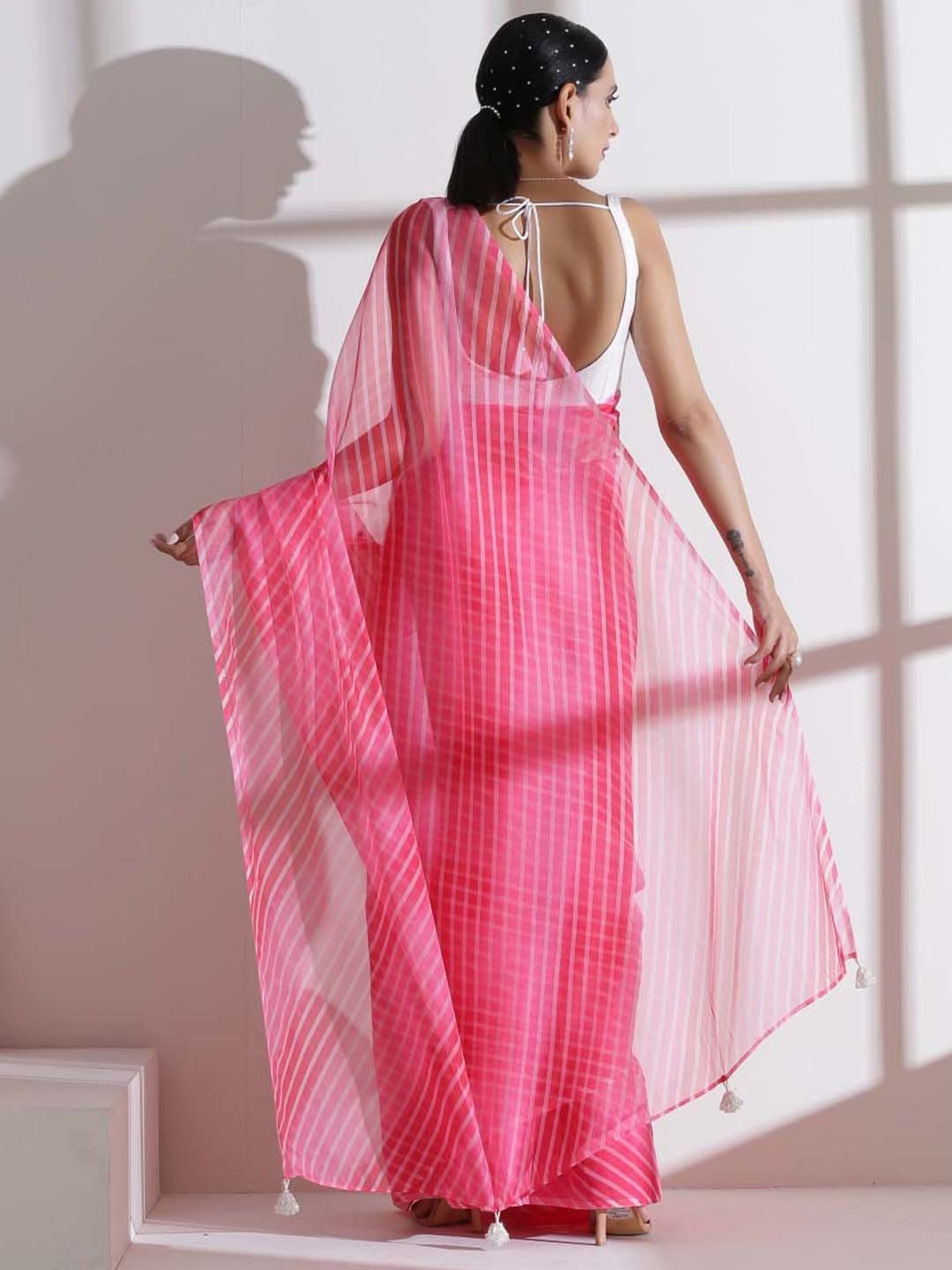 Swtantra Pink Organza Striped Saree