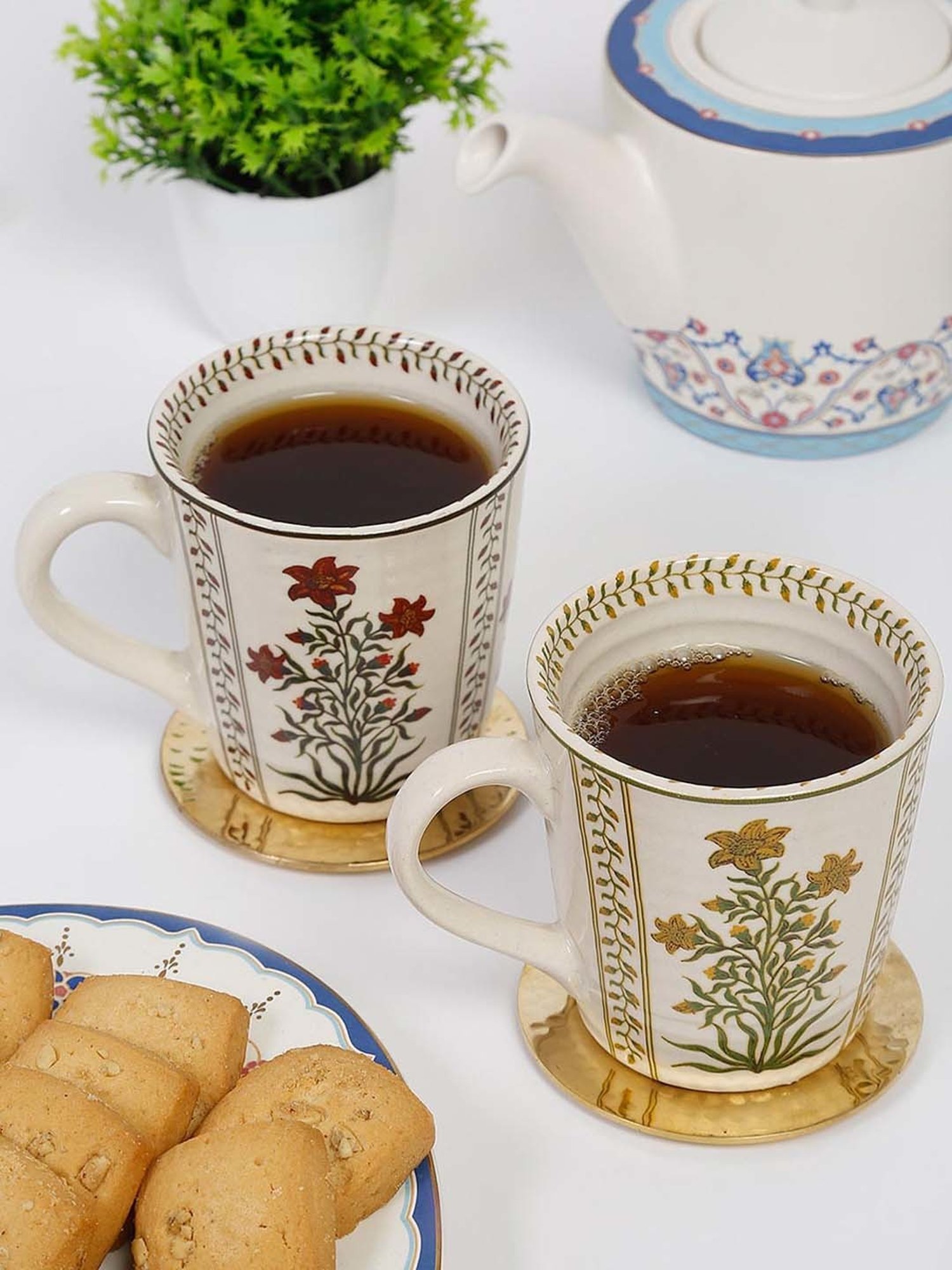 Fabindia Home Gul White & Yellow Ceramic Mugs (0.3 L) - Set of 2