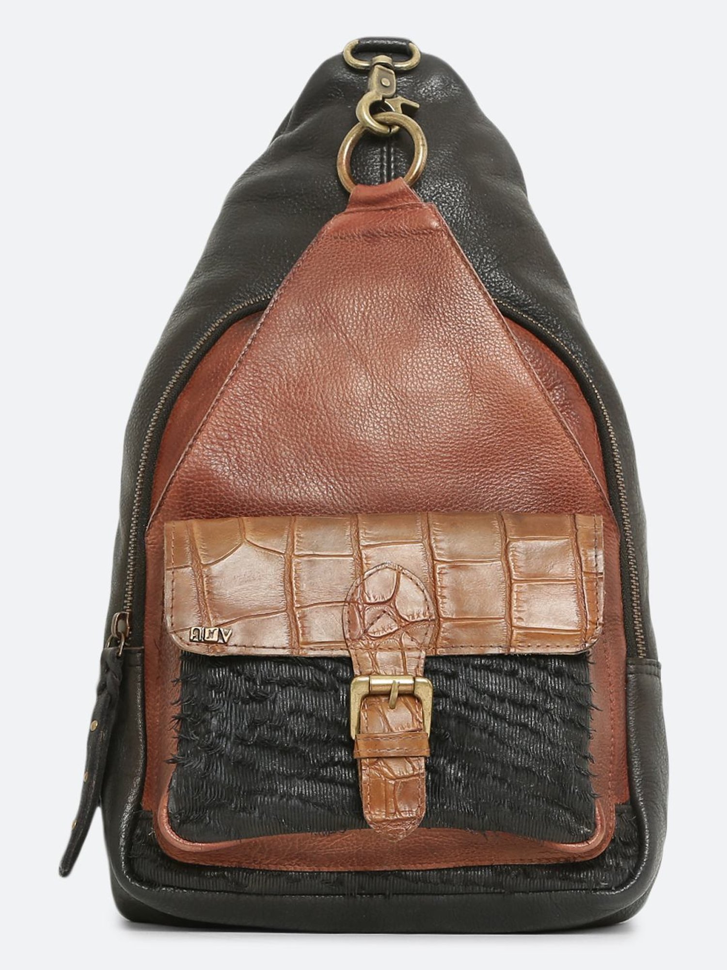 Art N Vintage Biker Black & Brown Leather Color Block Medium Cross Body Bag