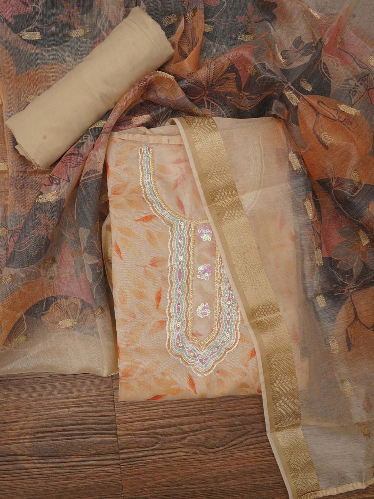 Jaipur Kurti Beige Embellished Unstitched Dress Material