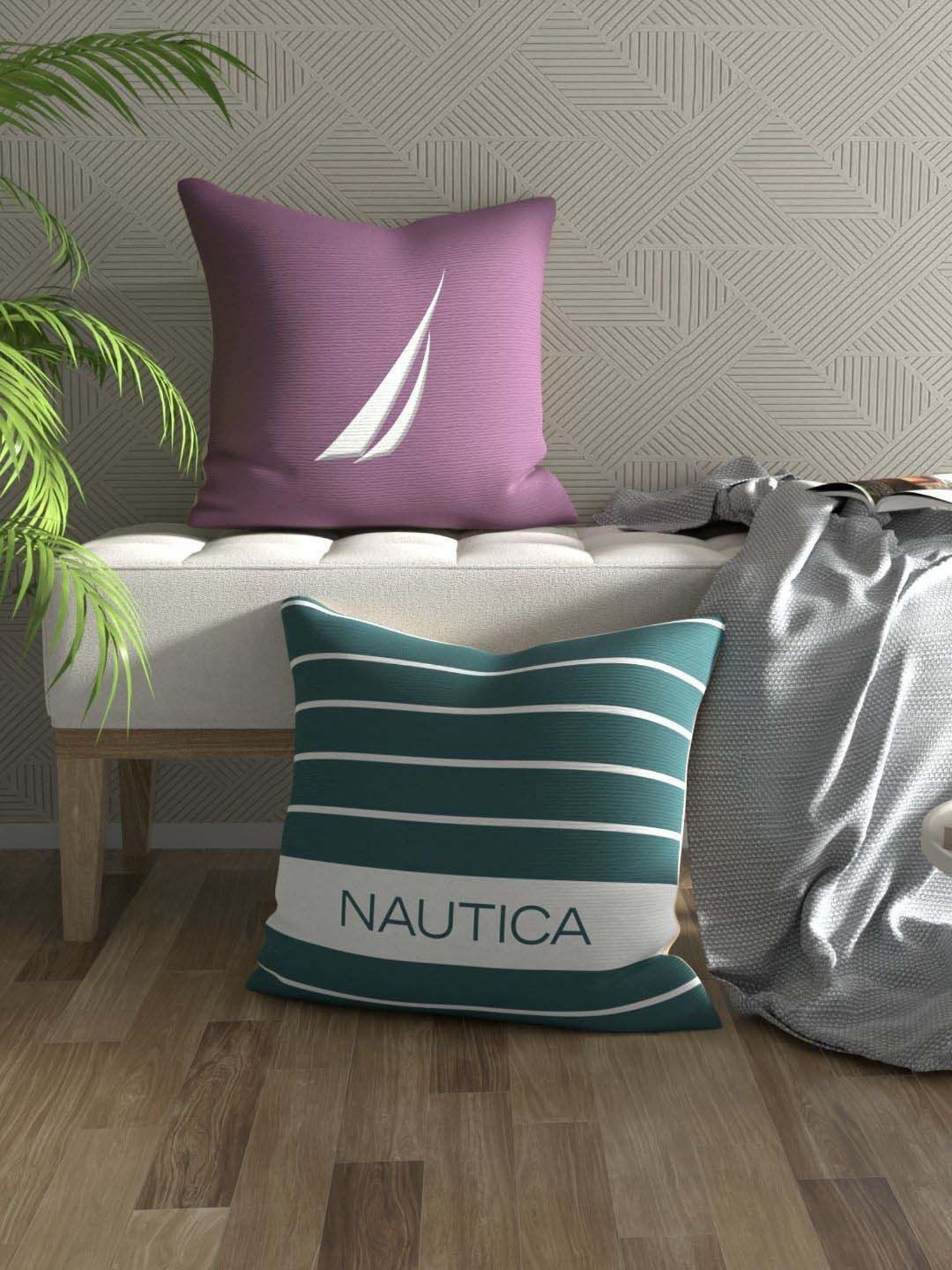 Nautica Logo Stripe Grape & Forest Green Microfibre 300 GSM Premium Cushion Covers - Set of 2