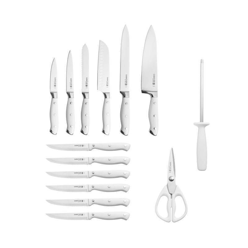 Sabatier 15pc White Knife Set with Acacia Block