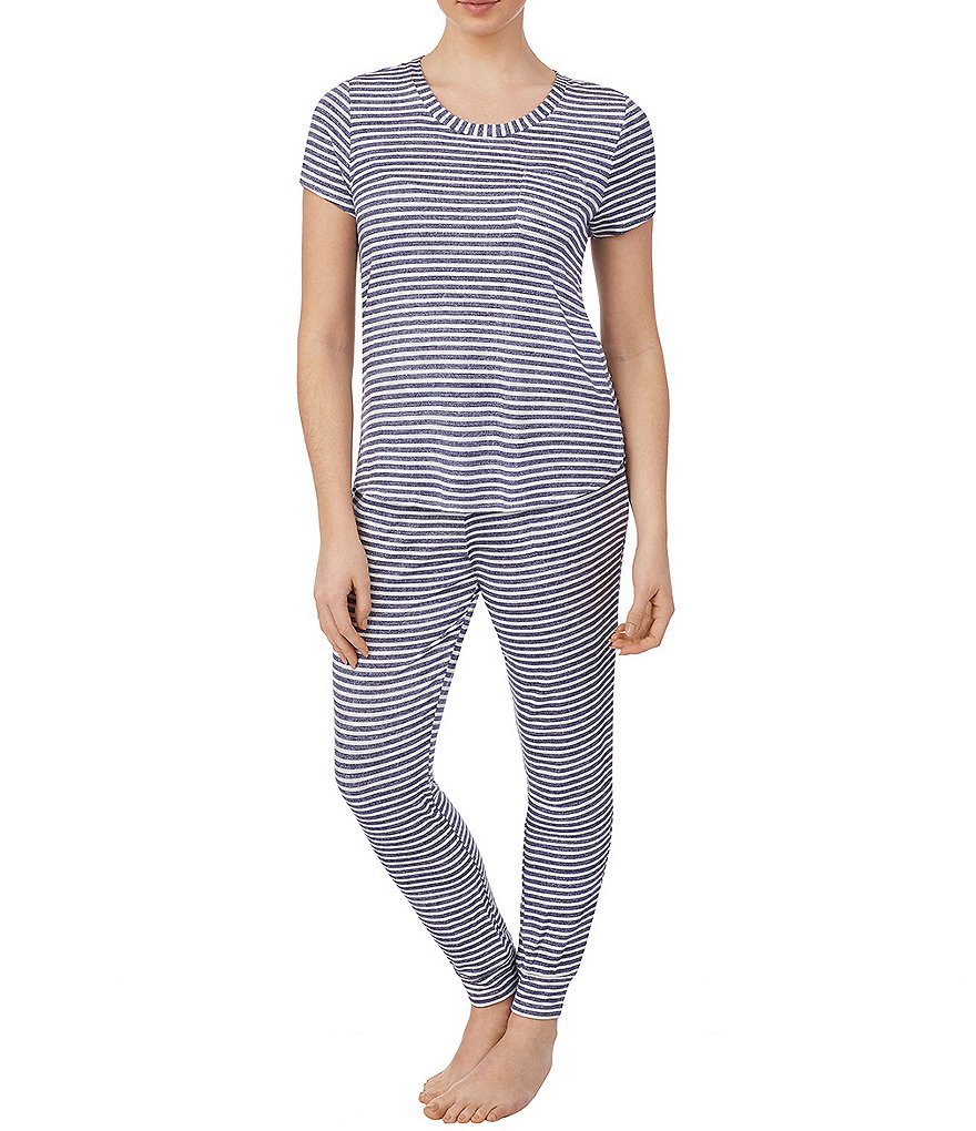 iRelax Striped Print French Terry Crew Neck Short Sleeve Coordinating Sleep Top