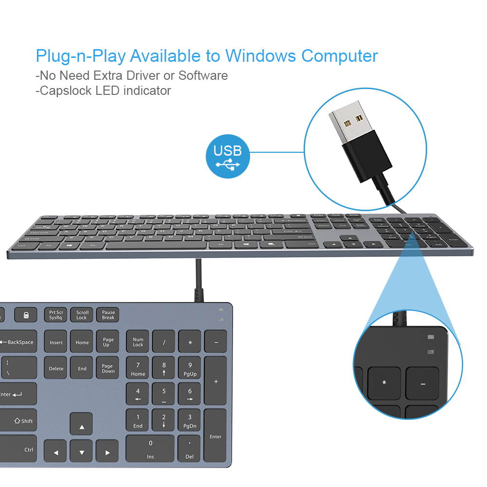 Aluminum USB Wired Keyboard with Numeric Keypad for PC Windows 10/8 / 7 / Vista/XP