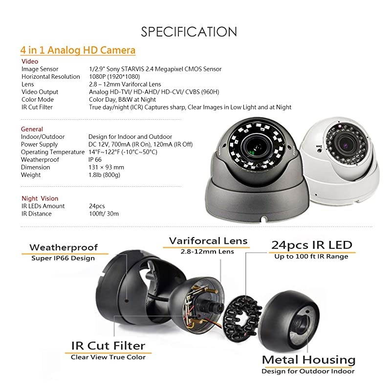 1080P True FullHD Security Dome Camera 2812mm Variable Focus Lens 24Megapixel STARVIS Image Sensor IR inOutdoor WDR OSD Works w 1080P TVI 1080P AHD 1080P CVI amp Standard Recorder only