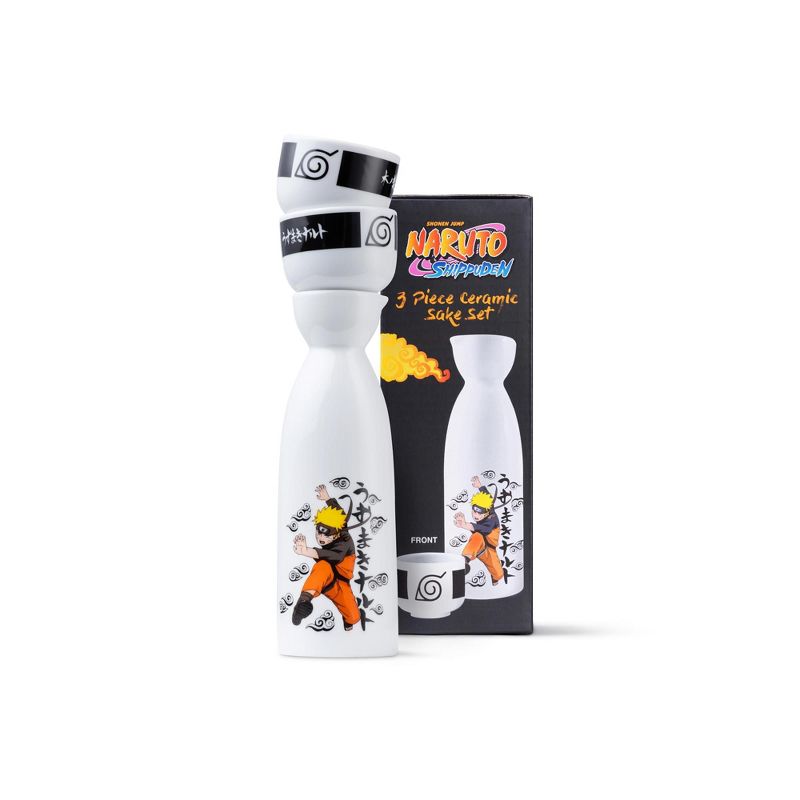 Just Funky Naruto 3 Piece Heavy Duty Ceramic Drinkware Sake Set Featuring 1 Carafe & 2 Cups