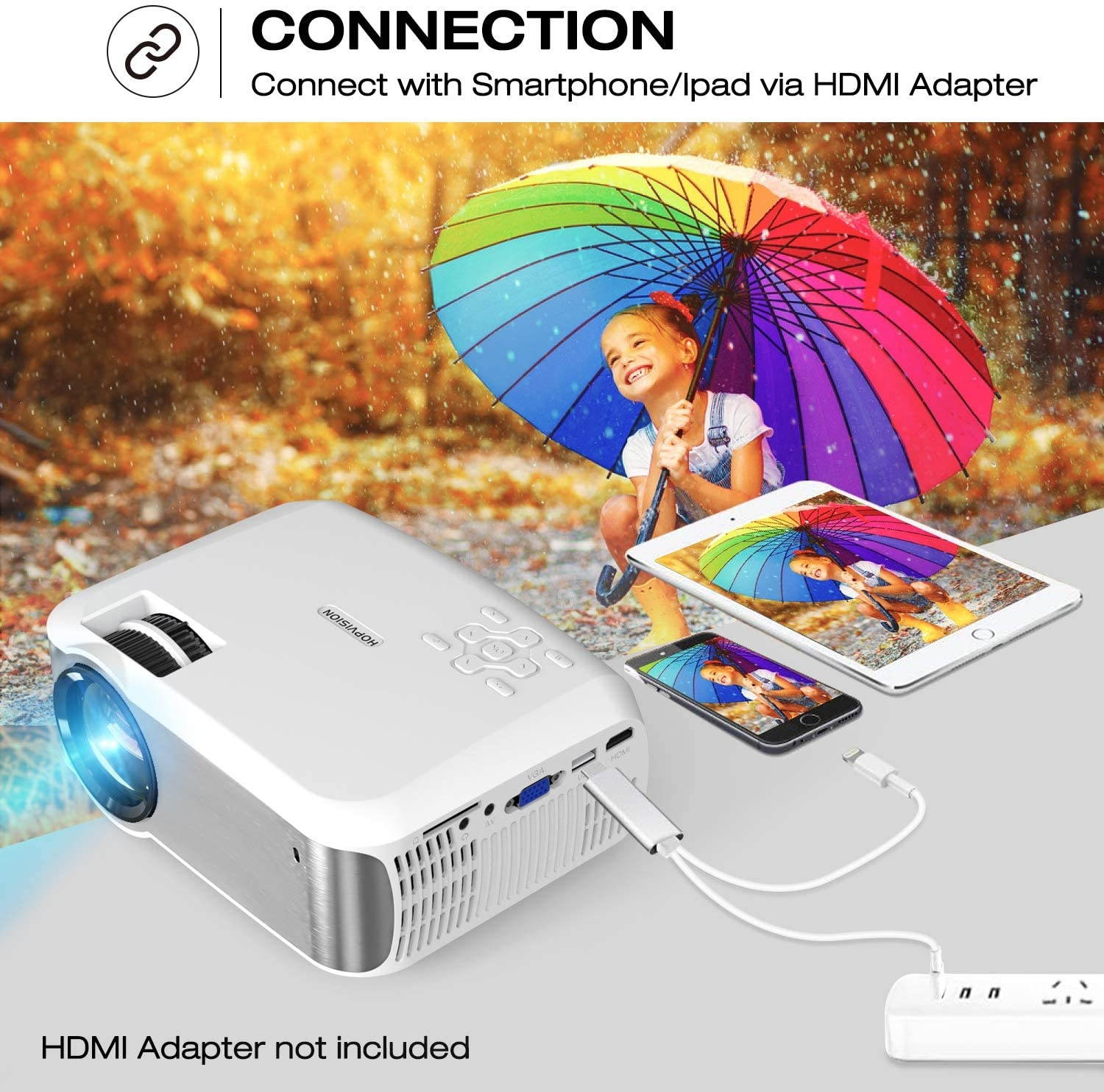 TOPVISION T23 Led Projector 1080P Supported with 6000L, 60,000 Hrs for Indoor/Outdoor Use, Compatible with Fire TV Stick, PS4
