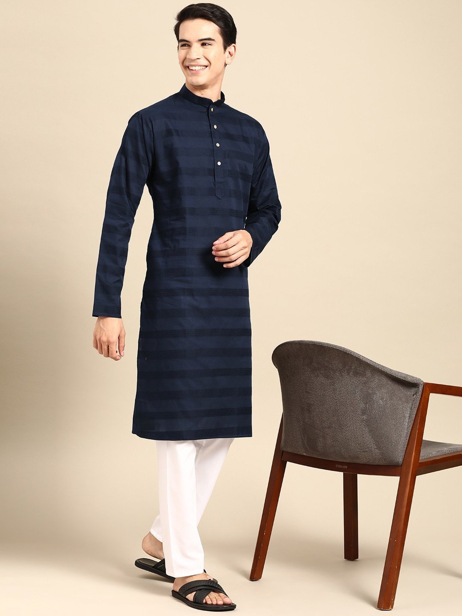 ManQ Blue & White Pure Cotton Regular Fit Striped Kurta Bottom Set