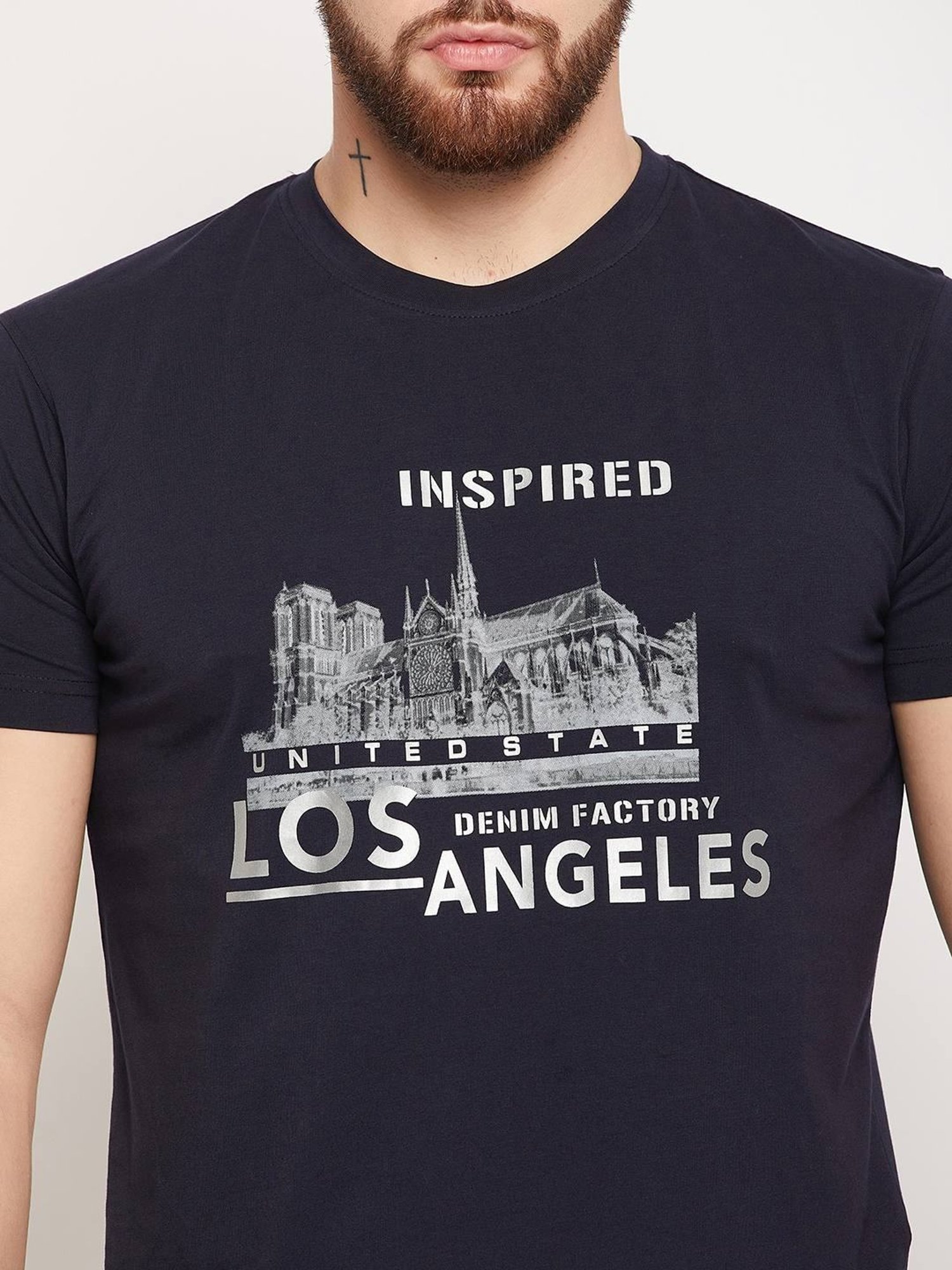 Cantabil Navy Cotton Regular Fit Printed T-Shirt