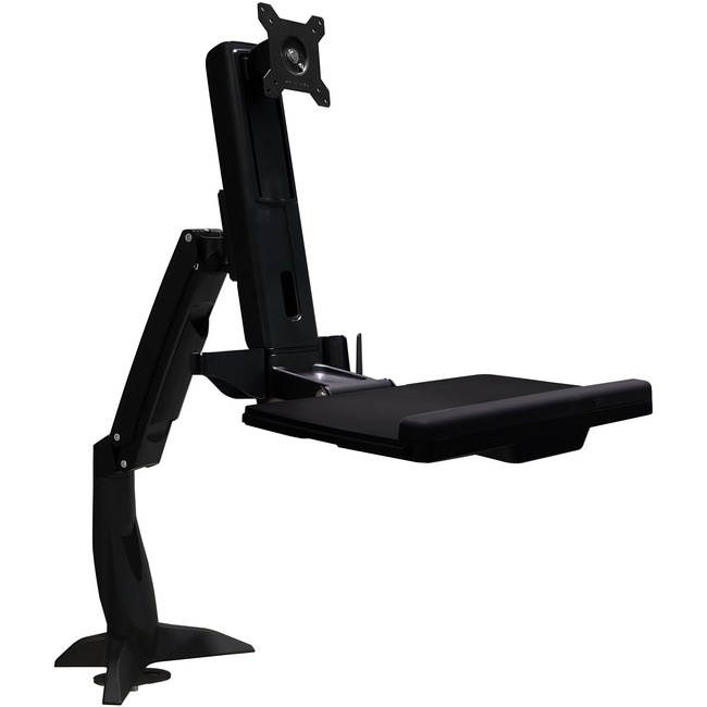 Sit Stand Articulating Arm Clamp Mount. Foldable keyboard tray and retractable mouse pad. Built in holders for Mouse and scanner. Separate monitor adjustments. Supports 24" monitors