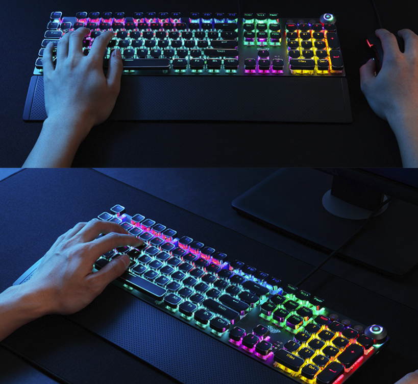 AULA F2088 All  Anti-ghosting Keys, Ergonomic Design, Cool Exterior  USB Wired Real Blue Mechanical Gaming Keyboard-Punk Style Version and Mixed Color Backlit