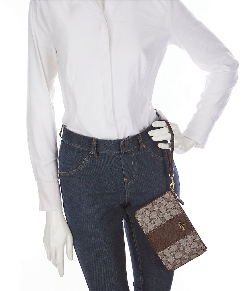 COACH Signature Jacquard and Pebble Leather Small Wristlet