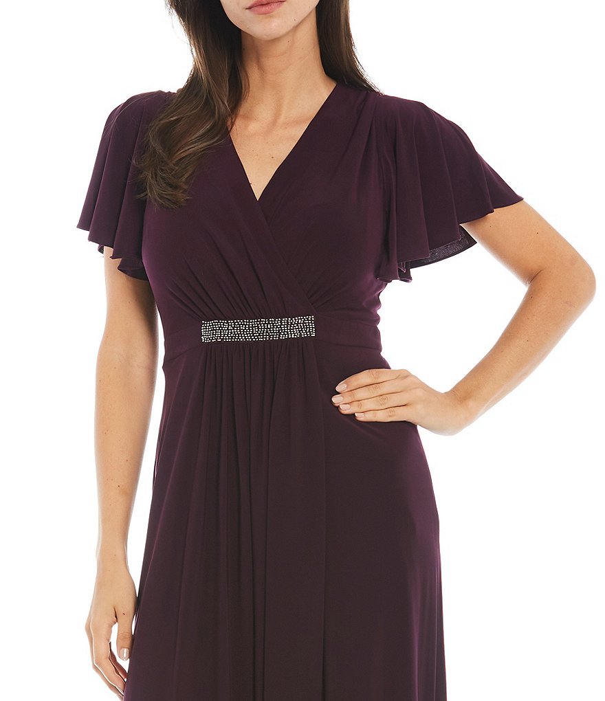 Jkara Petite Size 3/4 Sleeve Lined Illusion Crew Neck Beaded Gown