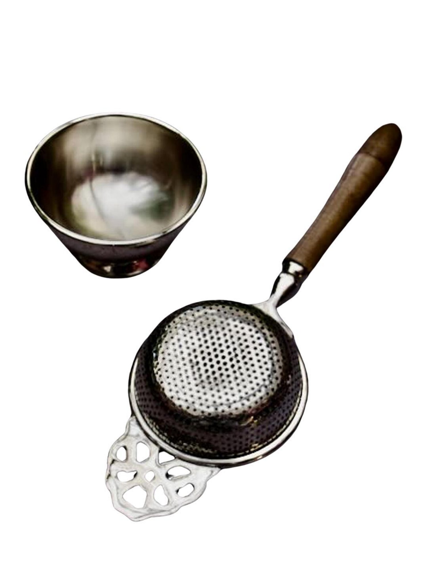 Ambi Pure Brass Punched Flower Medium Sized Tea Strainer - Steel Matte Finish With Wooden Handle