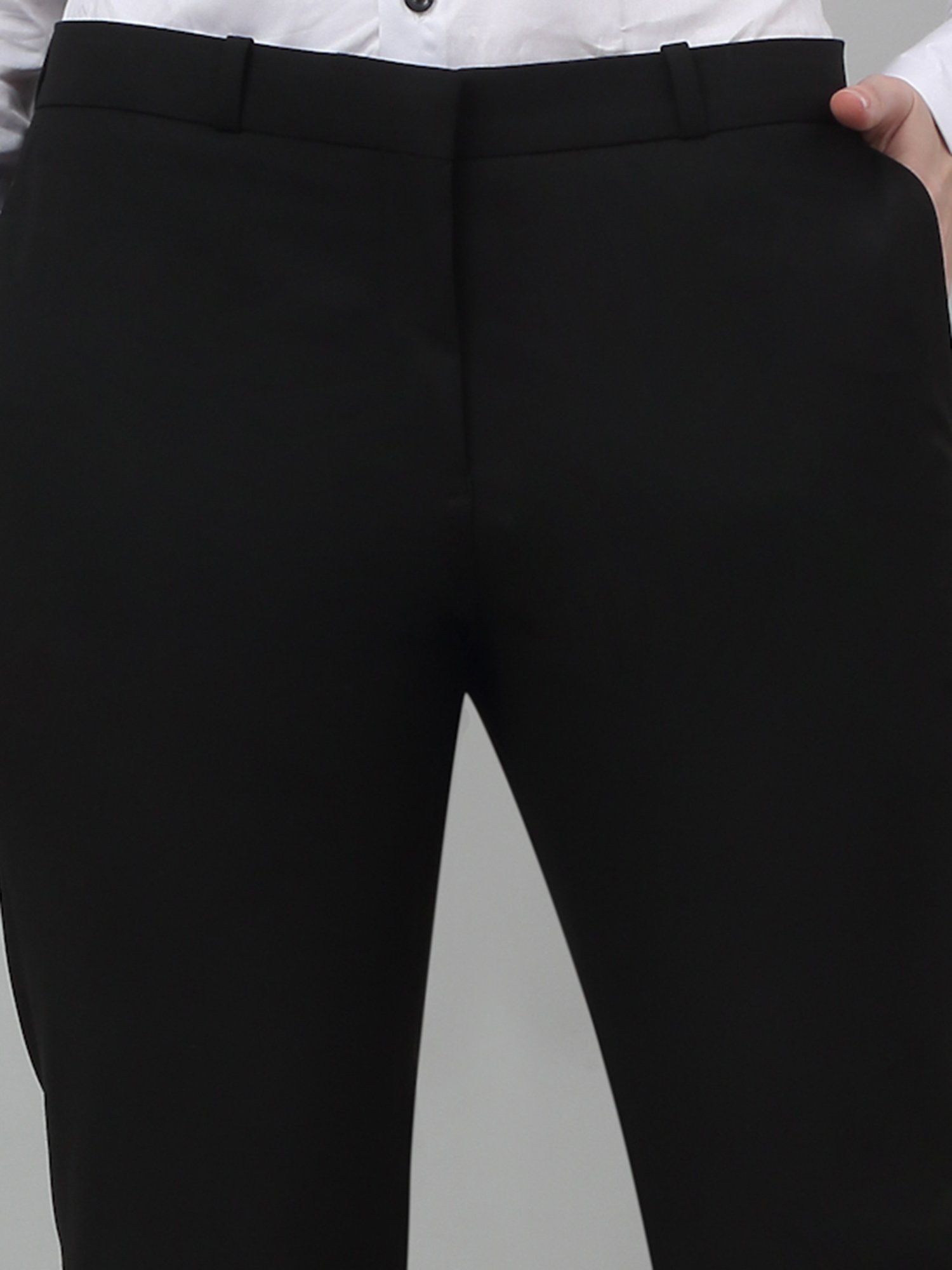 Cantabil Black Cotton Lycra Regular Fit Mid Rise Trousers