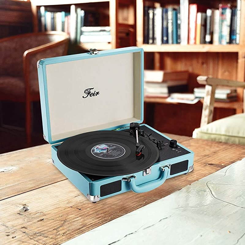 Stereo Blue Record Player 3 Speed Portable Turntable Suitcase Built in 2 Speakers RCA Line Out AUX Headphone Jack PC Recorder