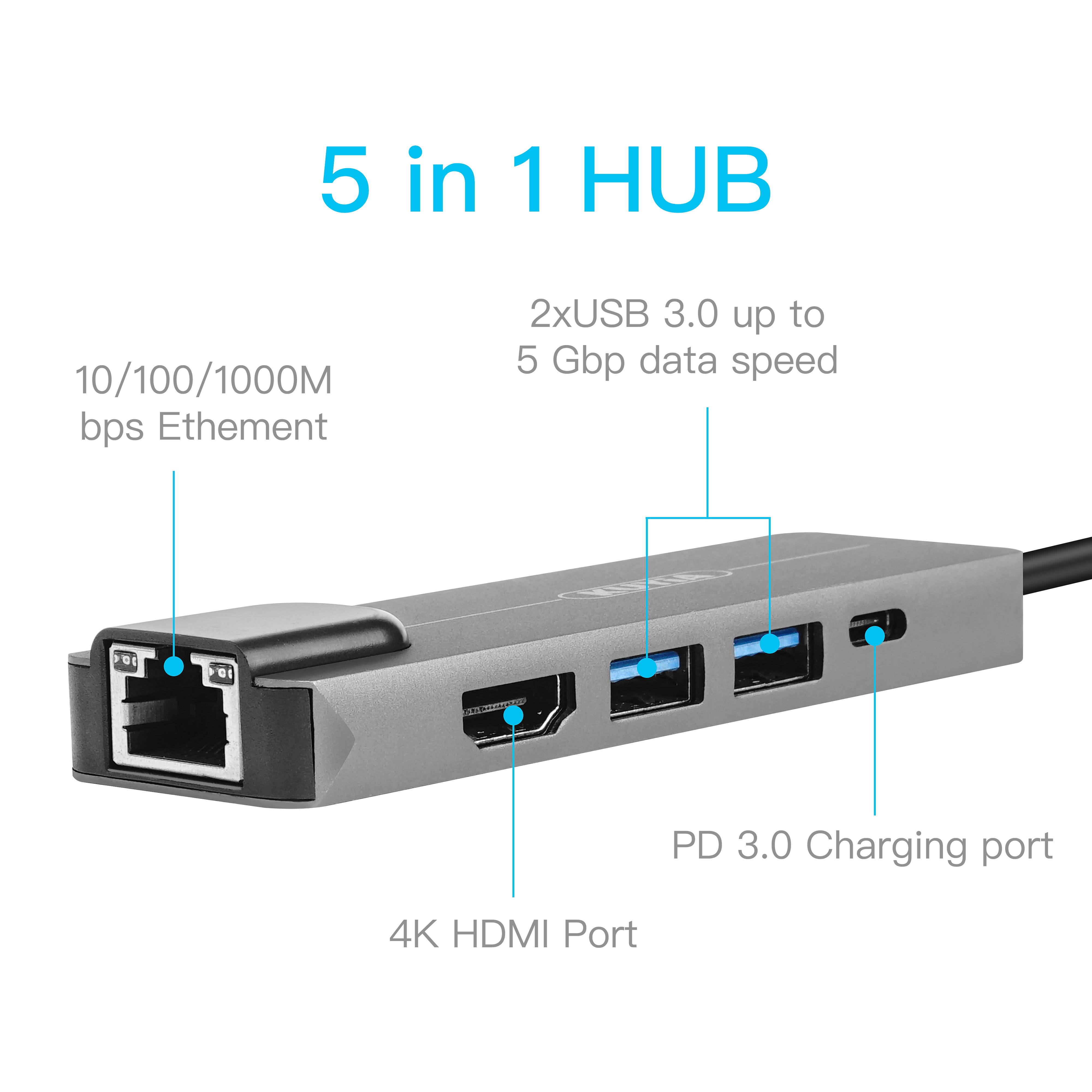 KUYiA USB C Hub, USB C to Ethernet HDMI USB Adapter with 1000Mbps Ethernet Port, 4K HDMI, 2 USB 3.0 and USB 3.1 Charging Ports, Compatible with MacBook/Pro/Air, Android Phone, Laptops, Tablet