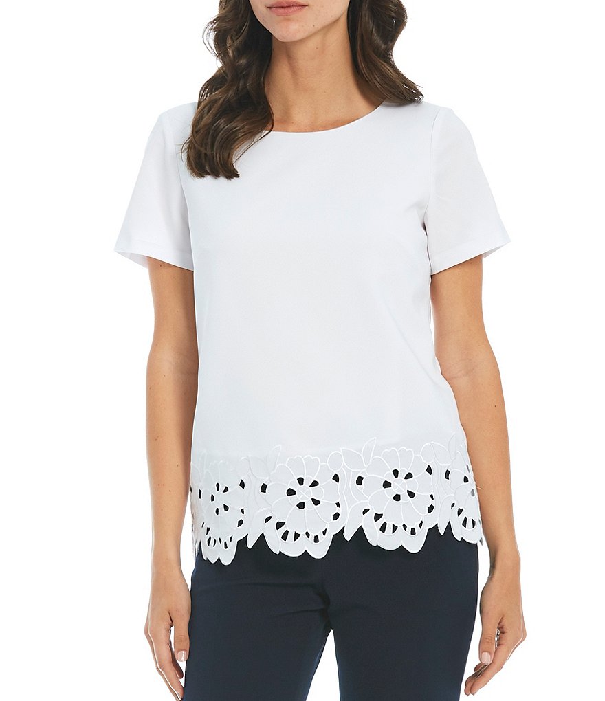 Preston & York Pat Laser Cut Floral Hem Crew Neck Short Sleeve Blouse