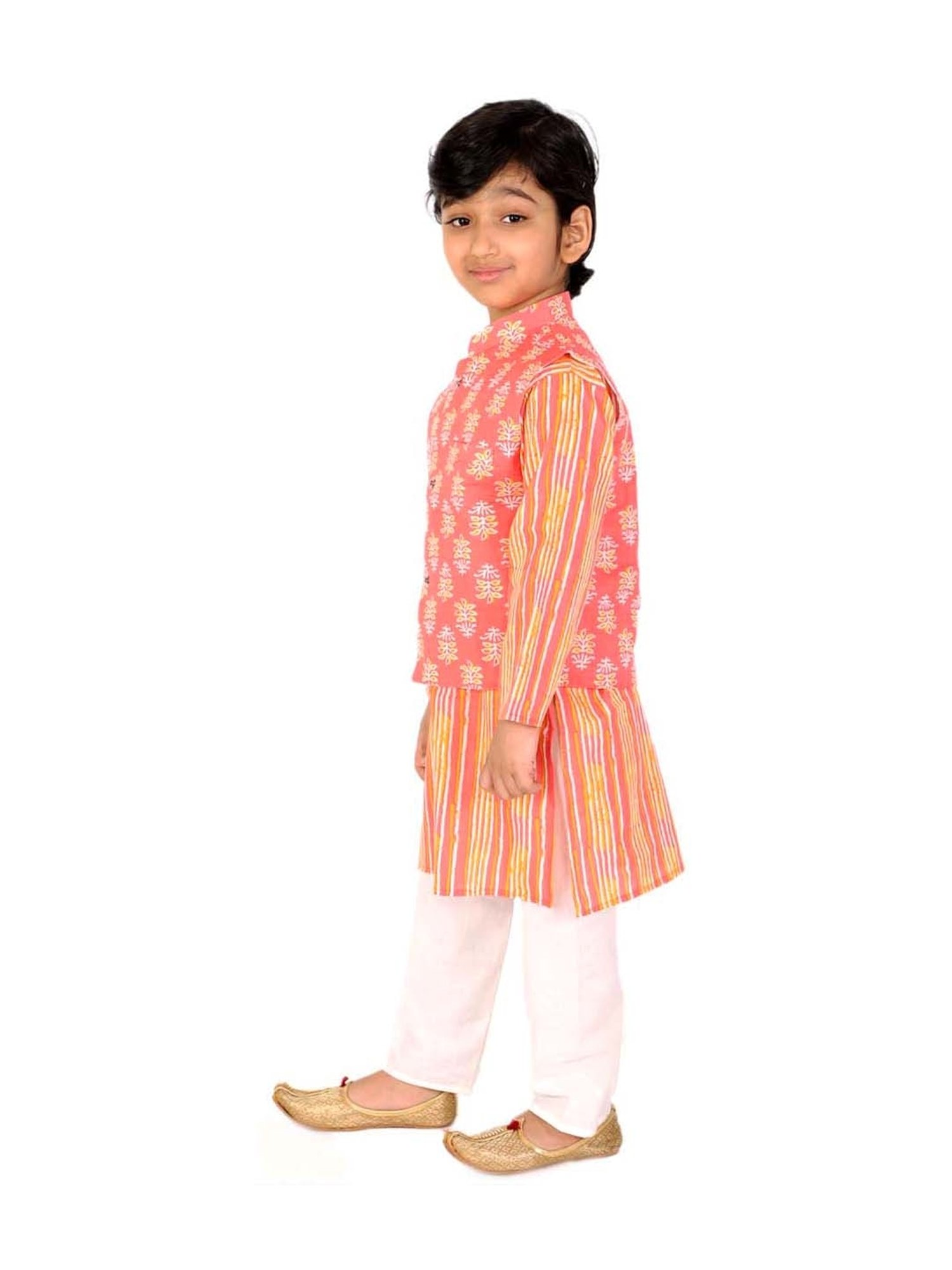 Ahhaaaa Kids Pink & White Cotton Floral Print Kurta Set