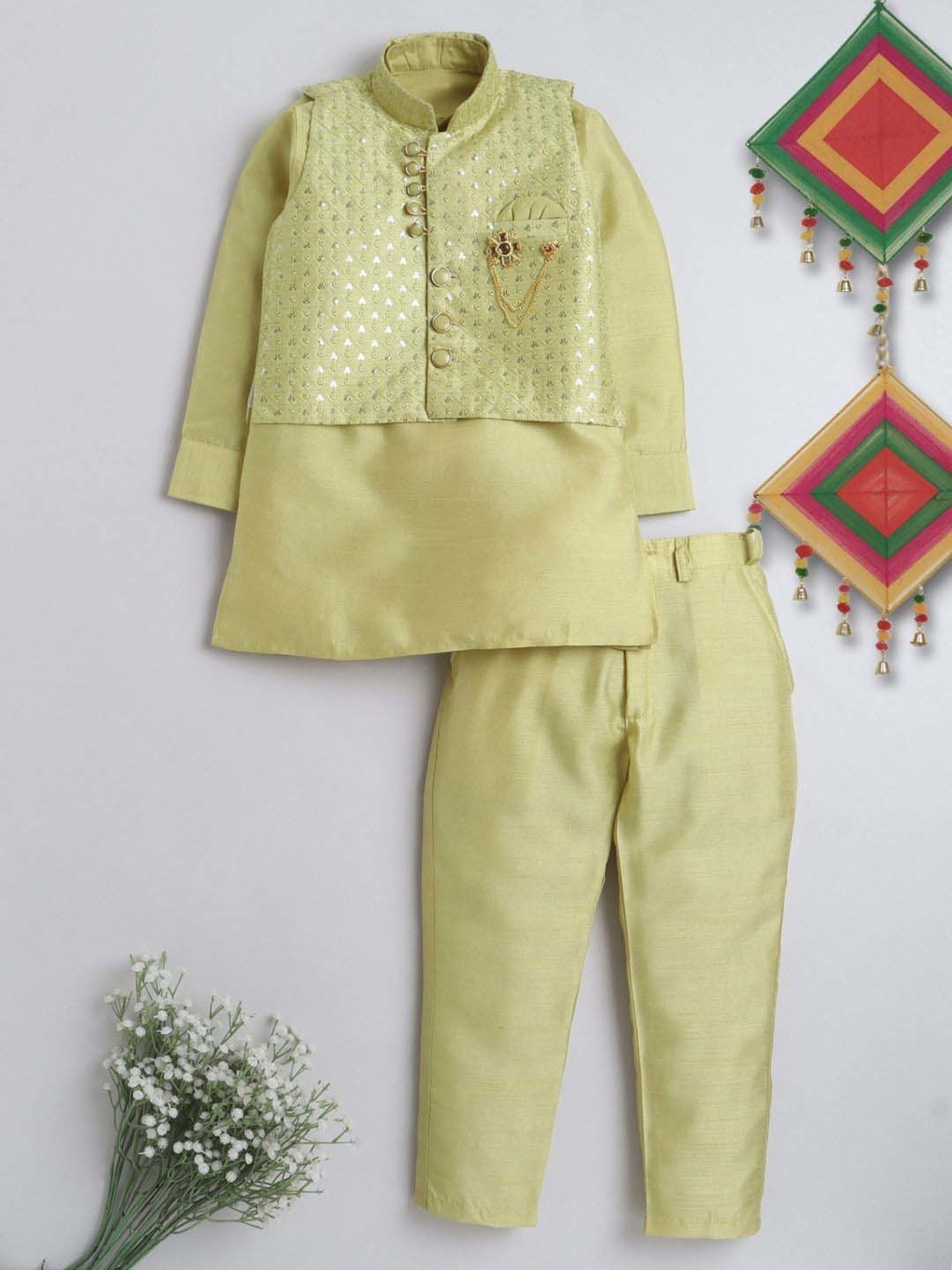 Ahhaaaa Kids Green Embellished Full Sleeves Kurta Set