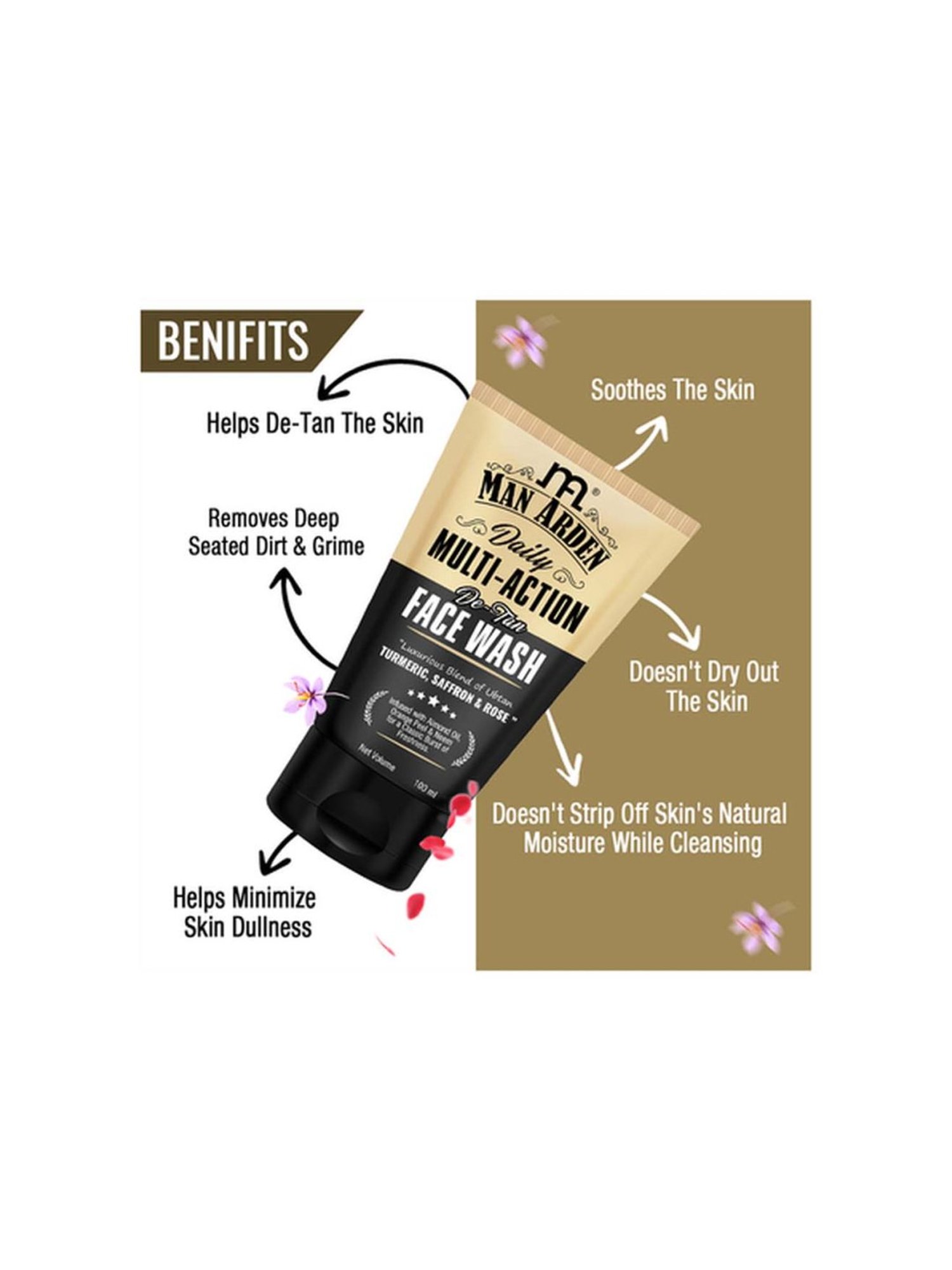 Man Arden Daily Multi-Action De-Tan Face Wash (Ubtan Turmeric + Saffron + Rose) - 100 ml