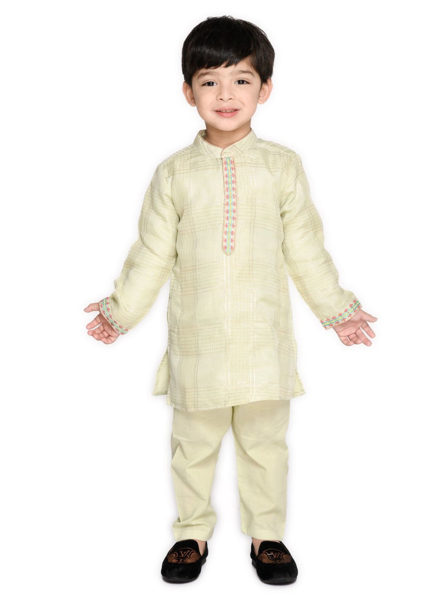 Saka Designs Kids Light Green Checks Full Sleeves Kurta with Pyjamas