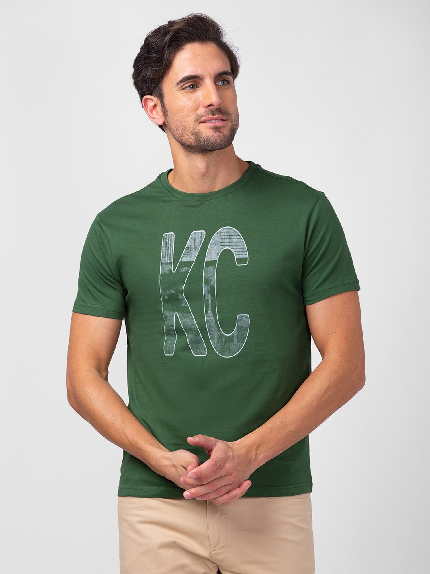 Kenneth Cole Dark Green Slim Fit Printed Crew T-Shirt