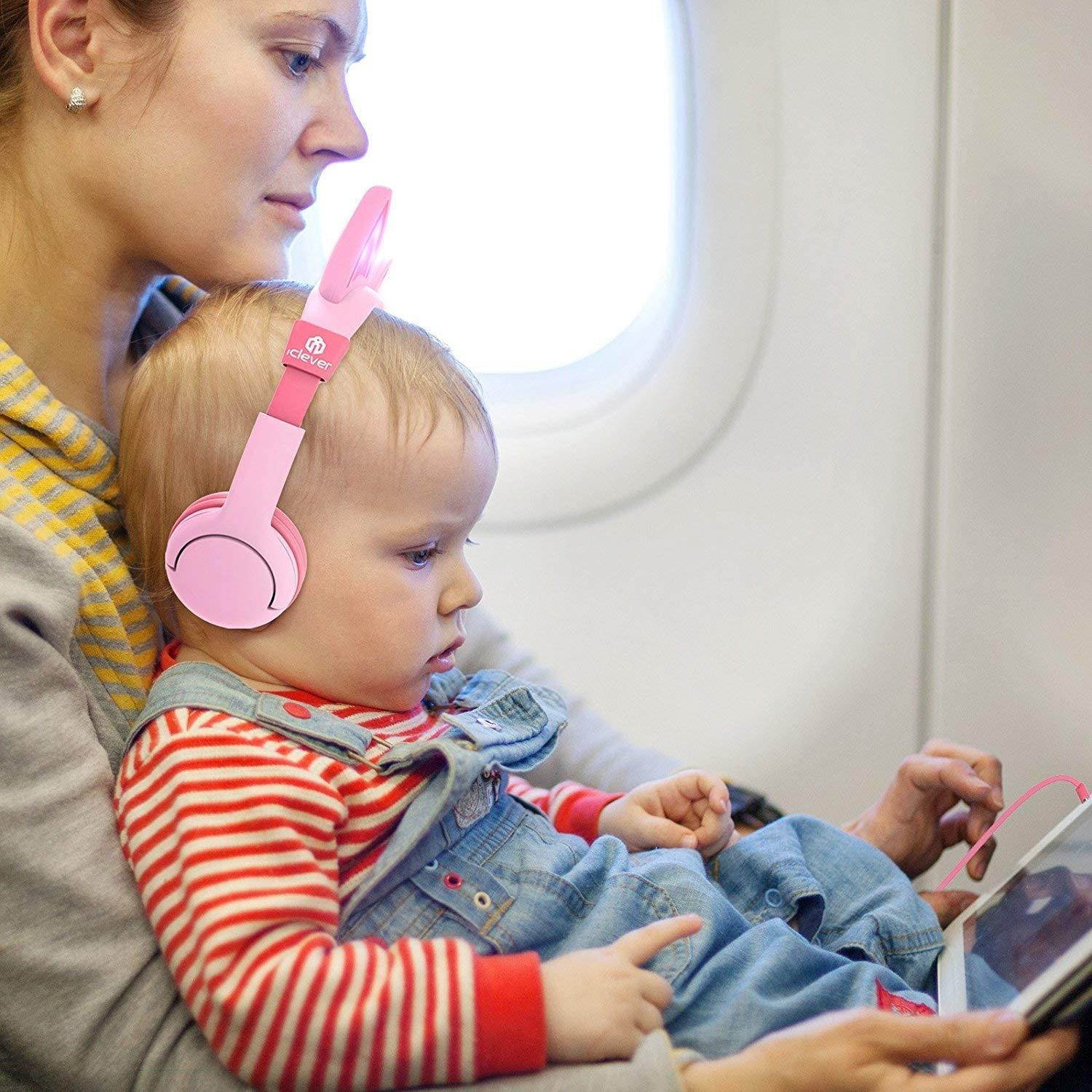 iClever Kids Headphones Over Ear, LED Backlight, Safe Wired Kids Headsets 85dB Volume Limited, Food Grade Silicone, 3.5mm Aux Jack, Cat-Inspired Headphones for Kids, Pink