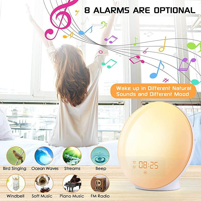 Up Light Sunrise Alarm Clock, 7 Colors Bedside Night Light with Sunrise/Sunset Simulation, Dual Alarms, Snooze Function, FM Radio Clock & 7 Natural Sounds, Ideal Gift for Kids/Adults