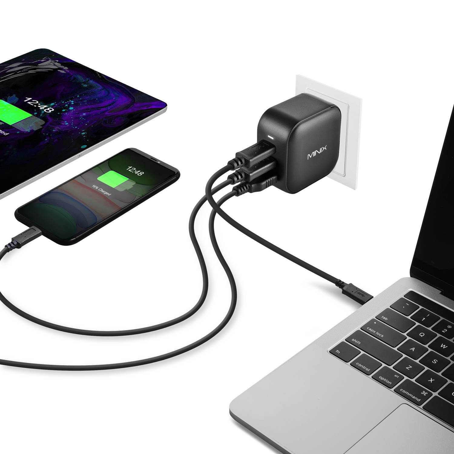 MINIX P1 66W Turbo 3-Port GaN Charger combines two USB-C port and a USB-A port to create a next-gen charger that delivers unprecedented power and portability.