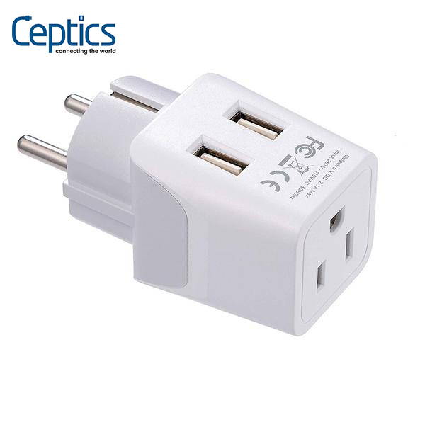 Ceptics USA to Schuko Germany, France, Russia Travel Adapter Plug With Dual USB - Type E/F (3 Pack) - Ultra Compact (CTU-9)