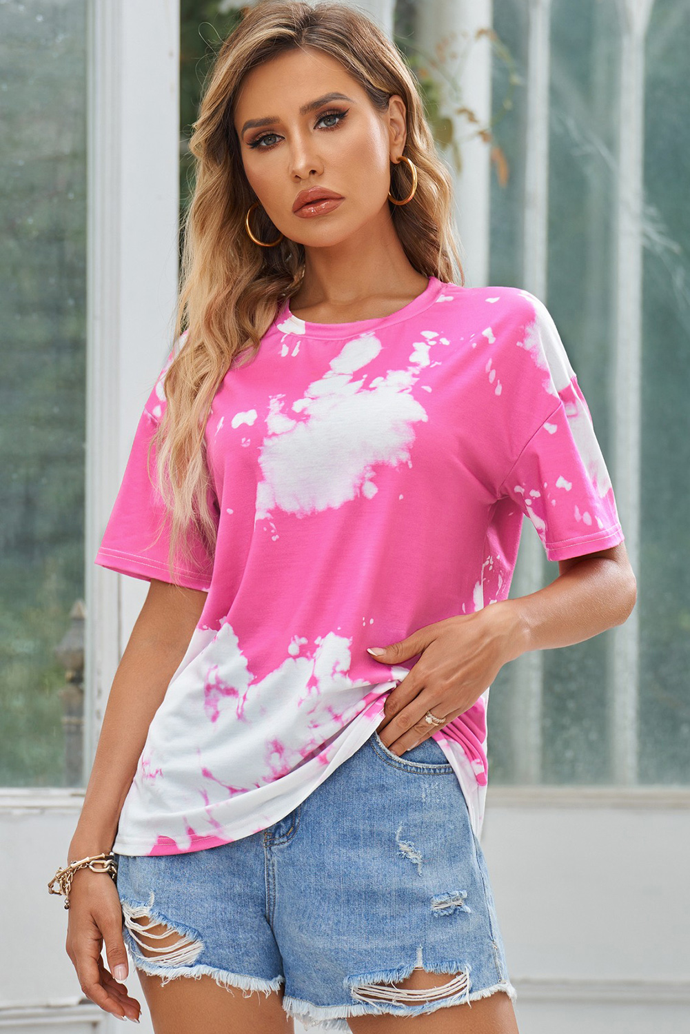 Pink Tie Dye Short Sleeve Crew Neck T Shirt Customized