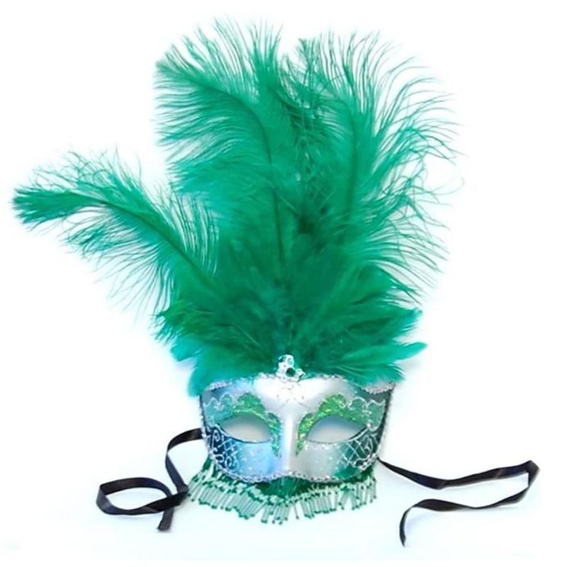 Bauer Pacific Imports Exotica Beaded Eye Costume Mask W/Feather: Silver/Green